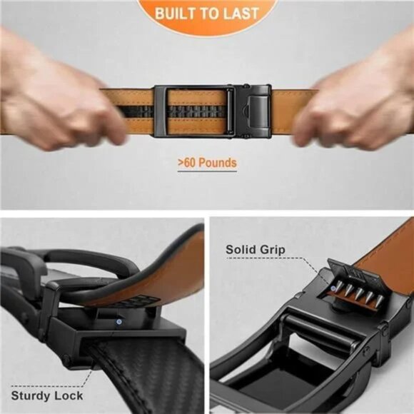 MEN Belt, Ratchet Click Sliding Genuine Leather Black - Picture 4 of 7